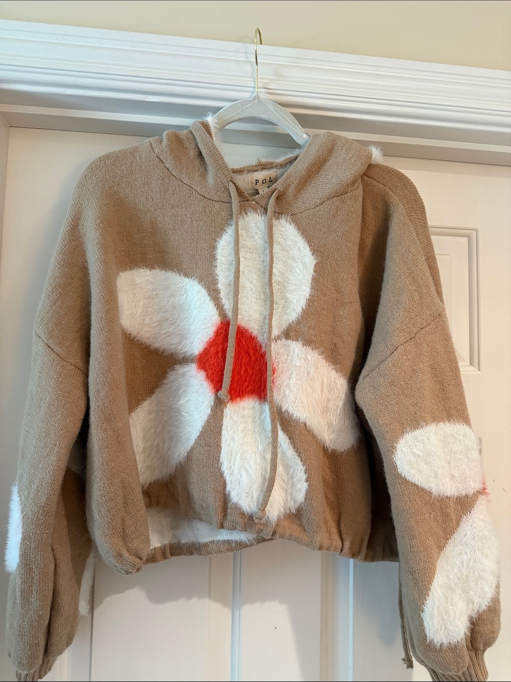 POL Beige Cropped Hoodie Sweater with White & Orange Floral design